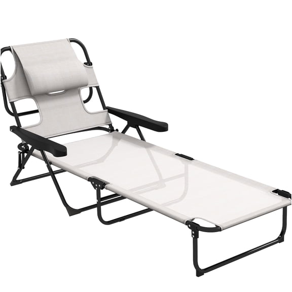 JERFIT 4-Position Adjustable Sun Lounger, Foldable Chaise Lounge Chair with Face Hole & Headrest, Cream White Outdoor Beach Poolside Tanning Bed Chair