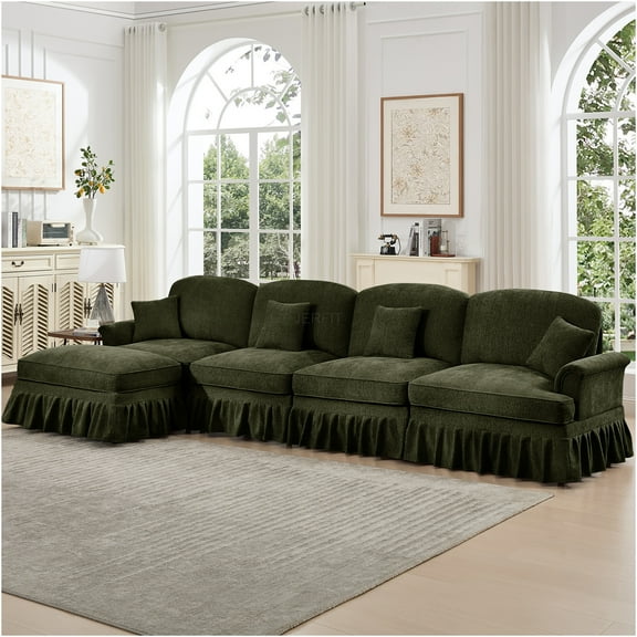 JERFIT 4-Seat Modular Sectional Sofa with Ottoman, Reversible Ruffle Skirt, Chenille Fabric, L-Shaped Couch for Living Room, Green