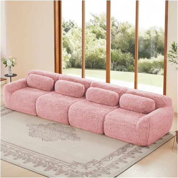JERFIT 4-Seat Modular Sofa, Pink Plush Boneless Sectional Couch with Ergonomic Design, High Density Sponge, Non-Slip Base, for Living Room, Bedroom, Home Theater