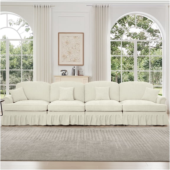 JERFIT 4-Seater Chenille Sofa with Removable Ruffle Skirts, Mid Century Flared Arm Couch for Living Room