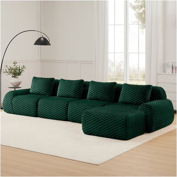 JERFIT 4-Seater L-Shaped Sectional Sofa with Ottoman, Flannelette Fabric, Deep Seat Modular Couch for Living Room, No Assembly Required, Green