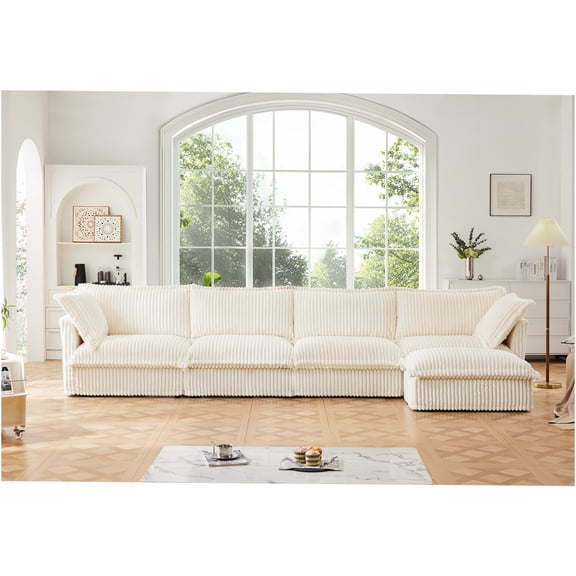 JERFIT 4-Seater L-Shaped Sectional Sofa with Pillows, Reversible Chaise Lounge Couch, Plush Corduroy Fabric, for Living Room & Apartment, Cream
