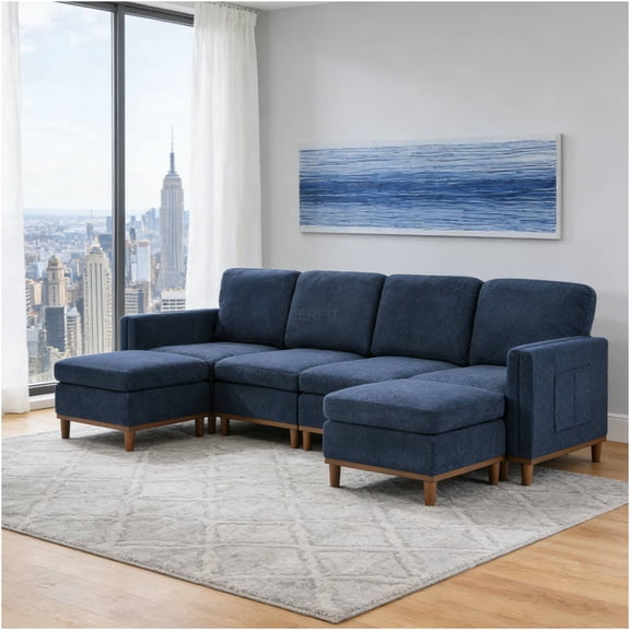 JERFIT 4-Seater Modular Sofa Chair, Convertible Sectional Sofa Bed with Soft Fabric for Living Room, Apartment, Office, Dark Blue