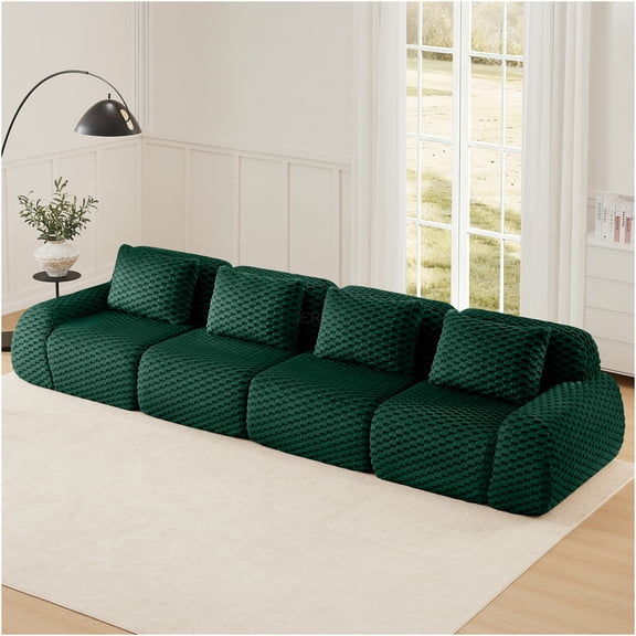 JERFIT 4-Seater Modular Sofa with Chaise, Large Flannelette Fabric Sectional Couch, No Assembly Deep Seat Living Room Furniture, Green