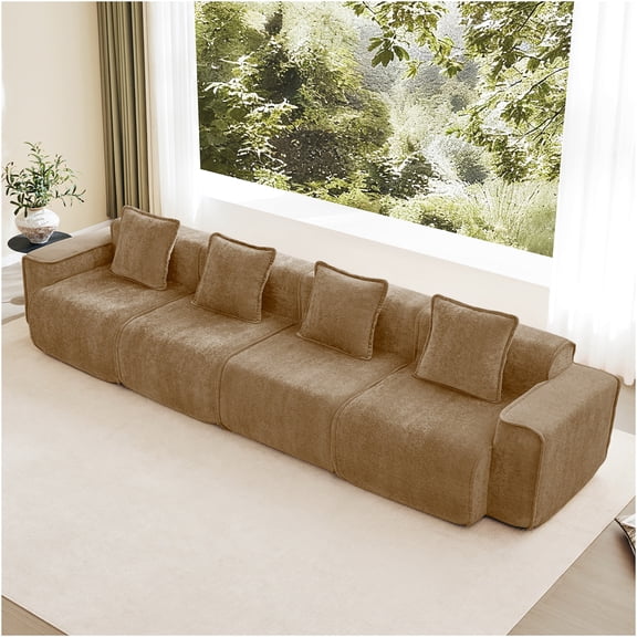 JERFIT 4-Seater Modular Sofa with Pillows, No Assembly Velvet Sectional Couch, Cloud-Like Deep Seat Sofa for Living Room, Brown