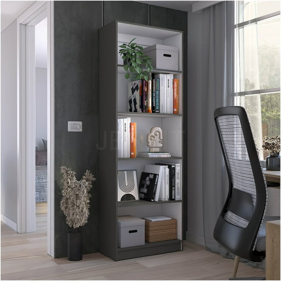 JERFIT 4 Shelf Bookcase, Multi-Tier Storage Organizer Shelf for Home Office, Living Room, Bedroom, Industrial Book Rack with 5 Shelves in Gray & White