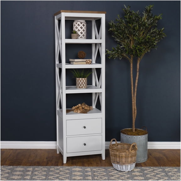 JERFIT 4 Shelf Bookcase with Drawers, Farmhouse Media Storage Tower, White Wood Organizer Shelf with X Design for Living Room, Bedroom, Coastal Decor