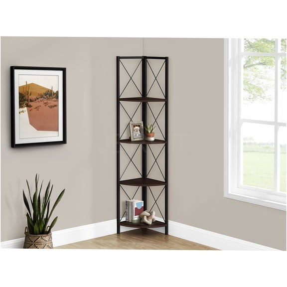 JERFIT 4-Tier Corner Bookshelf with X-Design Metal Frame, Espresso Laminated Shelves for Living Room, Bedroom & Office