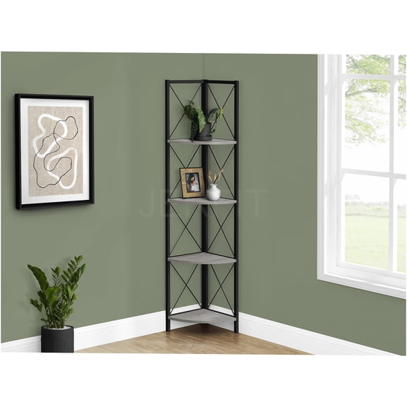 JERFIT 4 Tier Corner Bookshelf with X-Design Metal Frame, Grey Laminated Shelves for Living Room, Bedroom & Office Storage