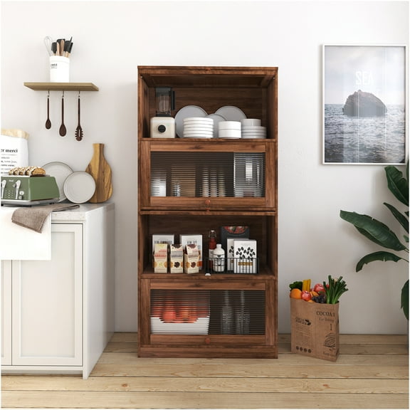 JERFIT 4-Tier Glass Door Bookcase, Floor to Ceiling Storage Cabinet with Clear Glass Doors, Walnut Finish MDF Bookshelf for Office & Living Room