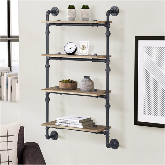 JERFIT 4 Tier Industrial Wall Shelf, Floating Shelves with Metal Pipe Frame, Oak and Black Wall Mounted Storage Rack for Living Room, Kitchen, Bathroom