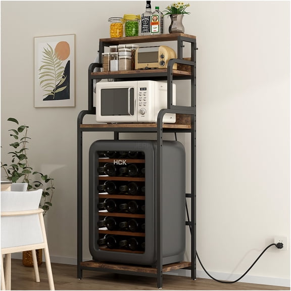 JERFIT 4-Tier Kitchen Storage Cart with Mini Fridge Stand, Microwave Rack & Adjustable Shelves, 200lb Capacity, Walnut Brown