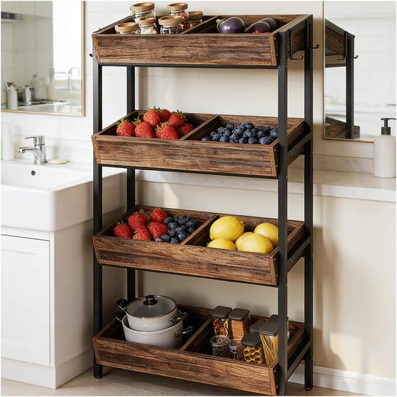 JERFIT 4-Tier Kitchen Storage Rack, Wood & Metal Organizer Stand for Potato Onion Fruit Vegetable Pantry, Black Brown