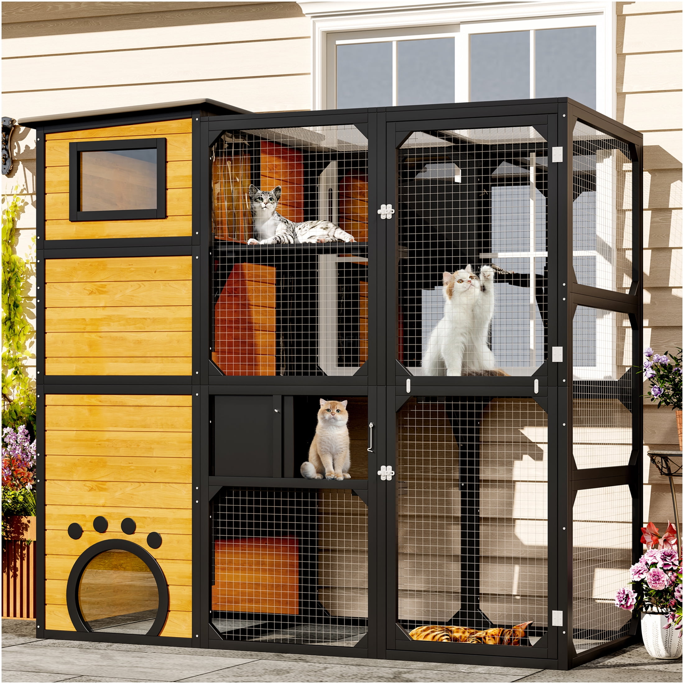 JERFIT 4-Tier Outdoor Catio Enclosure with Window Attachment, Weatherproof Large Cat House with Platforms, Lounges & Asphalt Roof for Multiple Pets, Brown