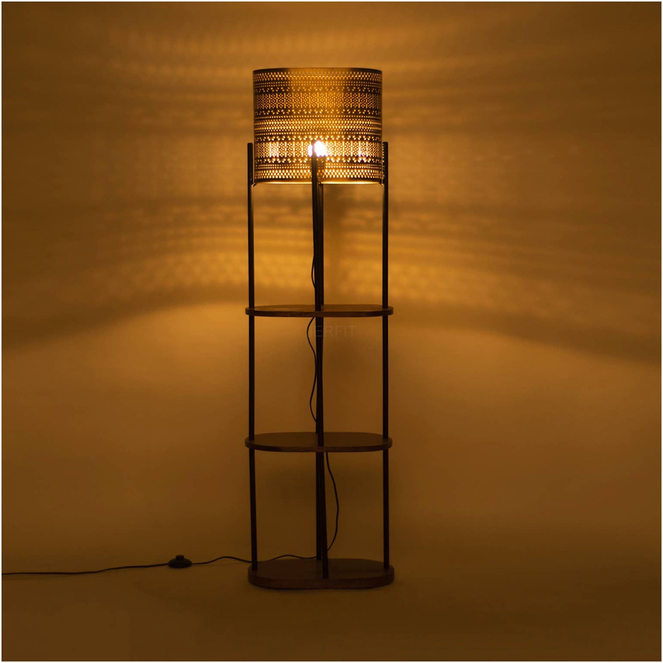 JERFIT 4 Tier Shelving Floor Lamp, Vintage Gold Industrial Standing Lamp with Wood Shelves for Living Room, Bedroom, Office