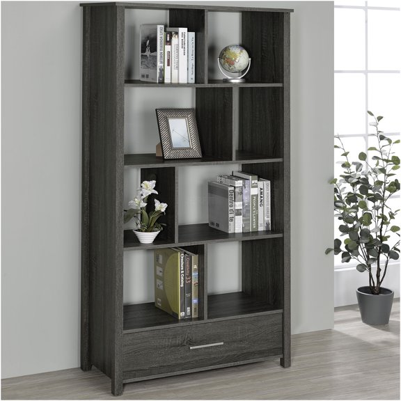 JERFIT 4-Tier Storage Bookshelf with Drawer & Curved Glass Top, Weathered Grey Finish, for Living Room, Bedroom, Home Office