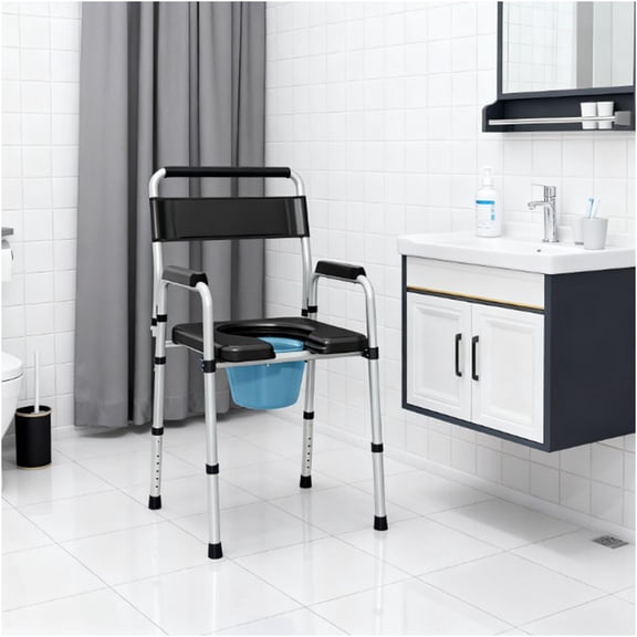 JERFIT 4-in-1 Adjustable Folding Commode Chair with Arms, Height Adjustable Toilet Safety Frame & Raised Seat for Elderly Seniors Adults, Portable Bedside Commode, Black