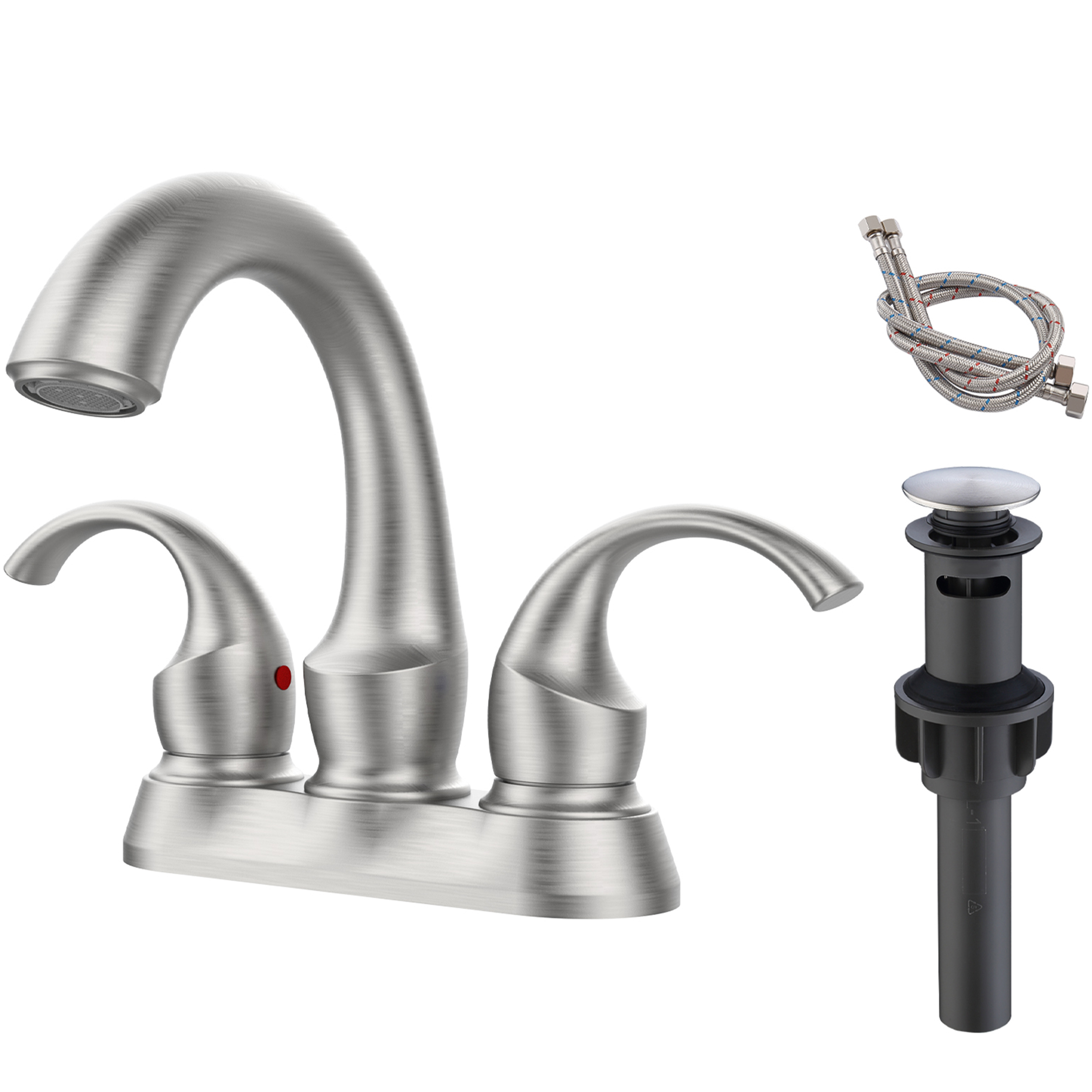 JERFIT 4-inch Centerset Bathroom Faucet, 2-Handle Brushed Nickel Vanity Sink Faucet with Pop-Up Drain, Water-Saving Aerator, Deck Mount Modern Swan Spout