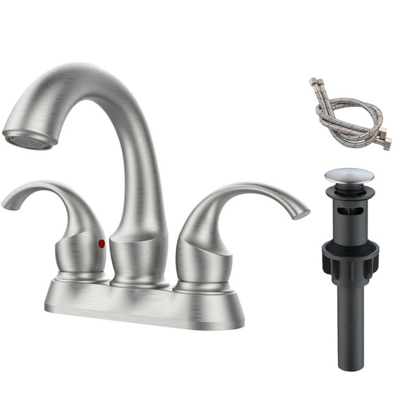 JERFIT 4-inch Centerset Bathroom Faucet, 2-Handle Brushed Nickel Vanity Sink Faucet with Pop-Up Drain, Water-Saving Aerator, Deck Mount Modern Swan Spout