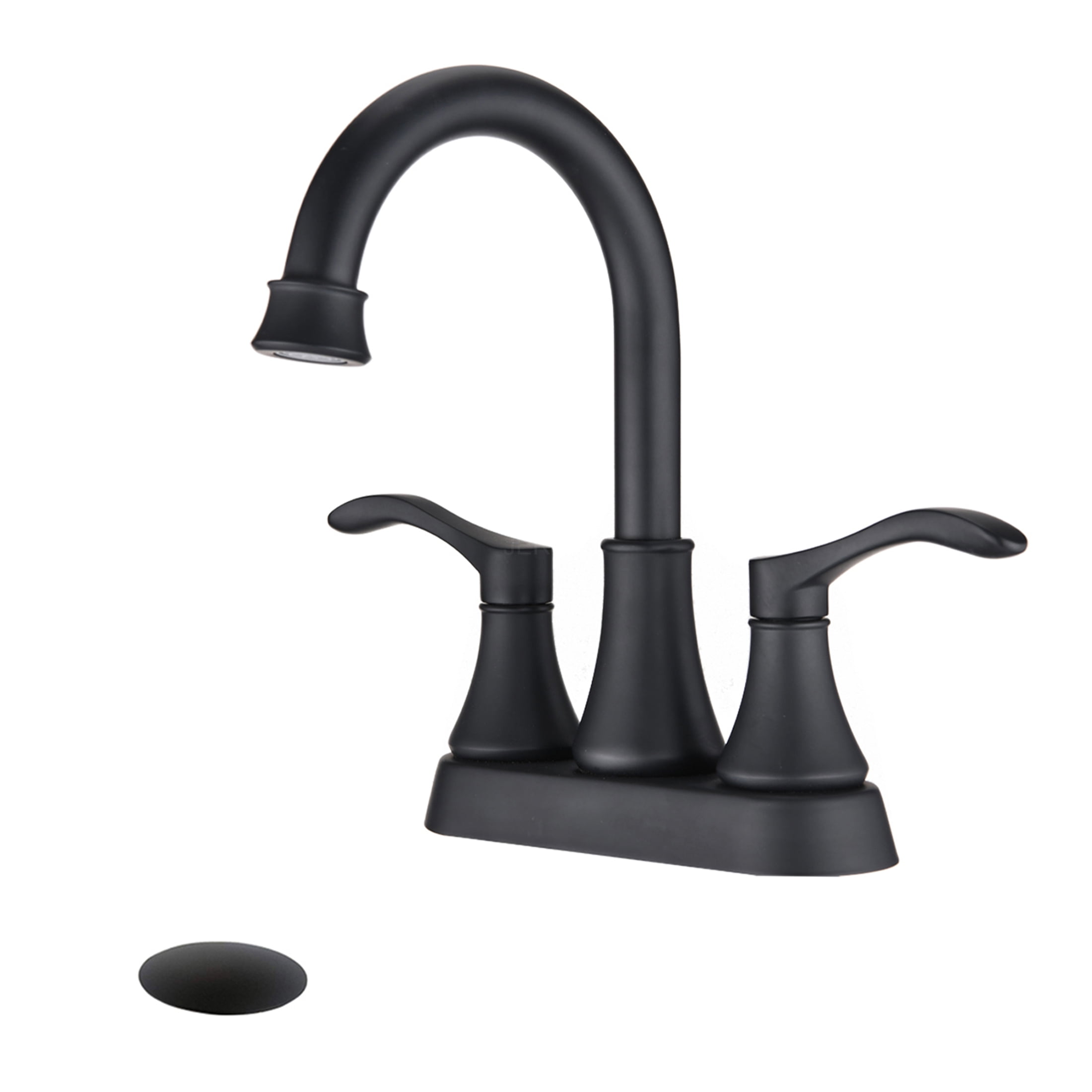 JERFIT 4-inch Centerset Bathroom Faucet with 360° Swivel Spout and Pop-Up Drain, Matte Black Finish, 2-Handle High Arc Zinc Alloy Faucet for Bathroom Sink