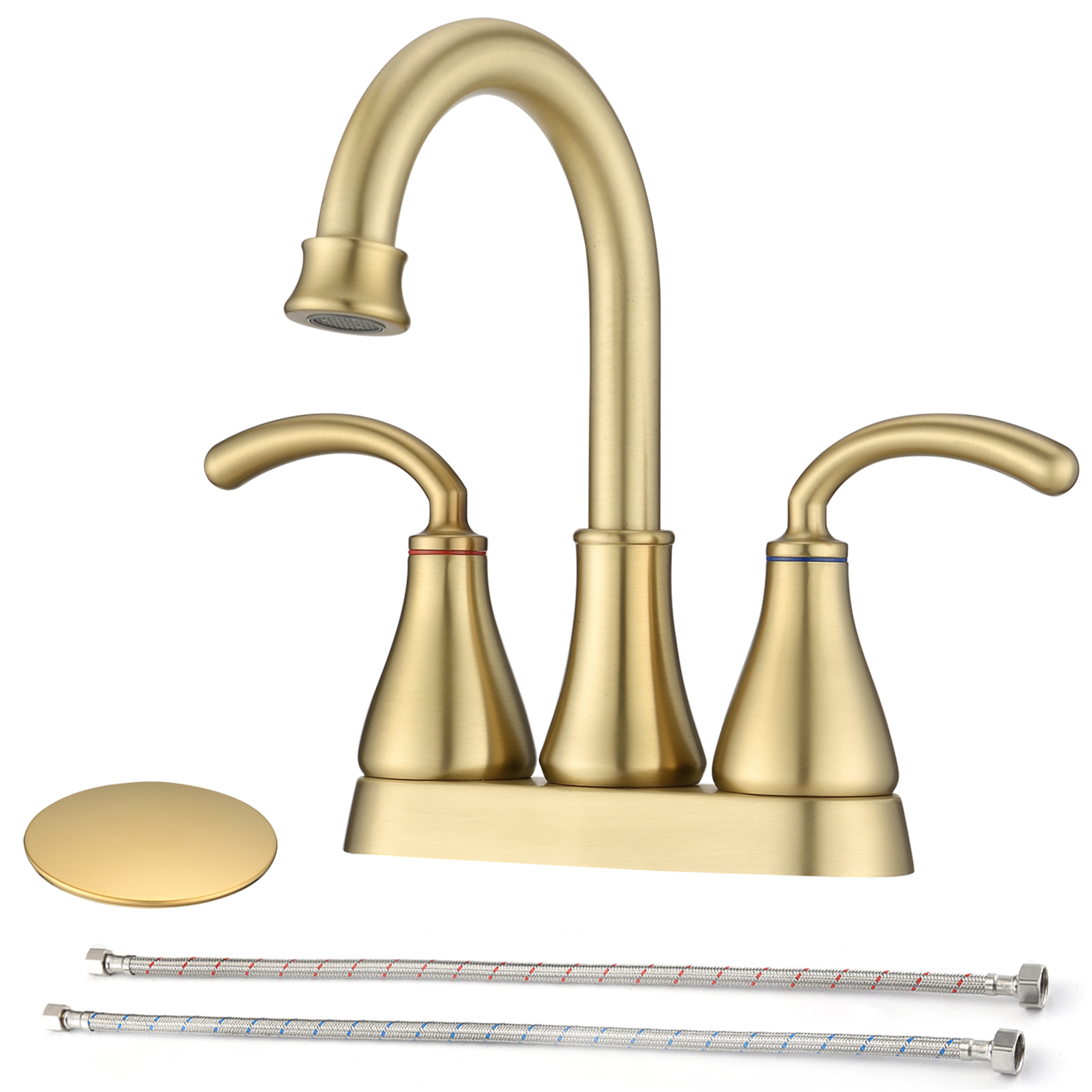 JERFIT 4-inch Centerset Bathroom Faucet with Drain, Brushed Gold 2-Handle High Arc Vessel Sink Faucet, Zinc Alloy Construction