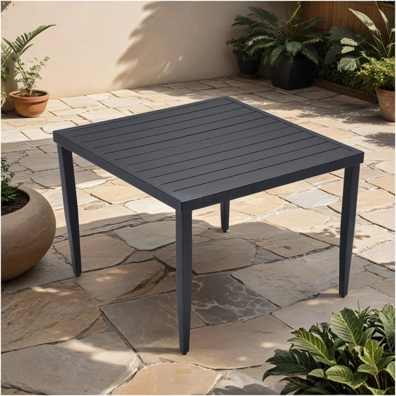 JERFIT 40 Inch Outdoor Patio Square Dining Table with Umbrella Hole, Ember Black Aluminum Bistro Table for Garden, Poolside, Backyard