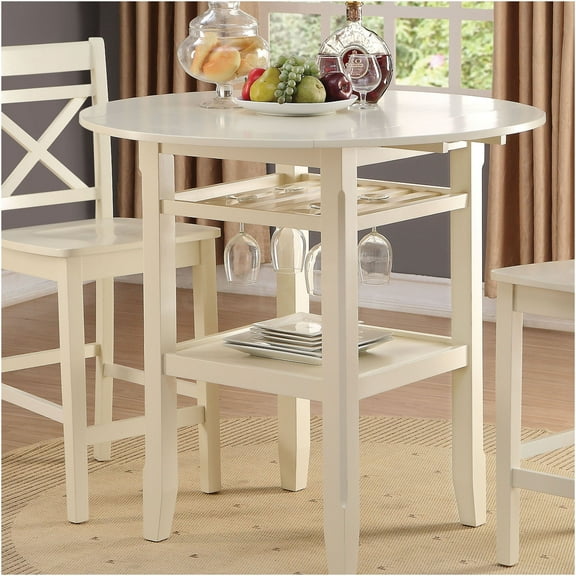 JERFIT 40-inch Round Counter Table with 2 Drop Leaves, Cream Finish, Solid Wood Base, Stemware Storage for Kitchen, Dining Room or Breakfast Nook