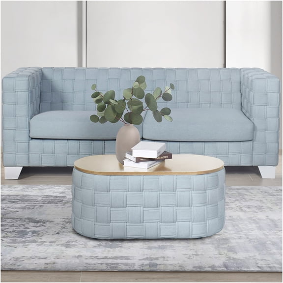 JERFIT 41.34" Round Light Teal Chenille Fabric Coffee Table with Wooden Base for Living Room