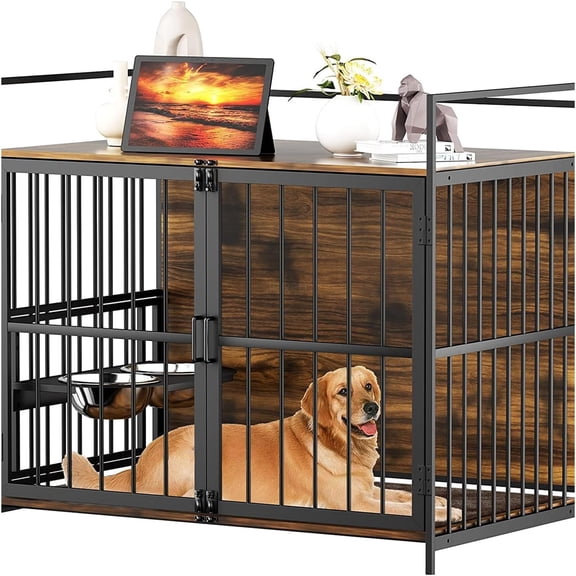 JERFIT 41 Inch Heavy Duty Dog Crate Furniture, Indoor Kennel Side Table with Storage for Large Dogs, Brown