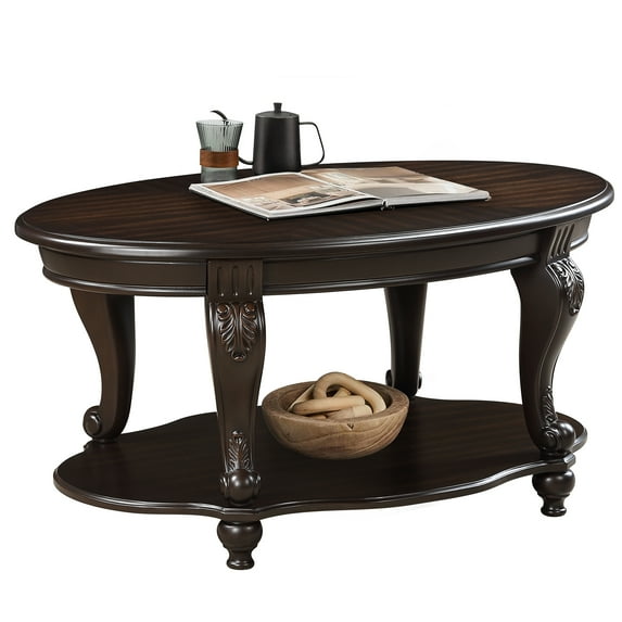 JERFIT 42 Inch Oval Coffee Table, 2-Tier Solid Wood Cocktail Table with Storage Shelf, Espresso Finish for Living Room