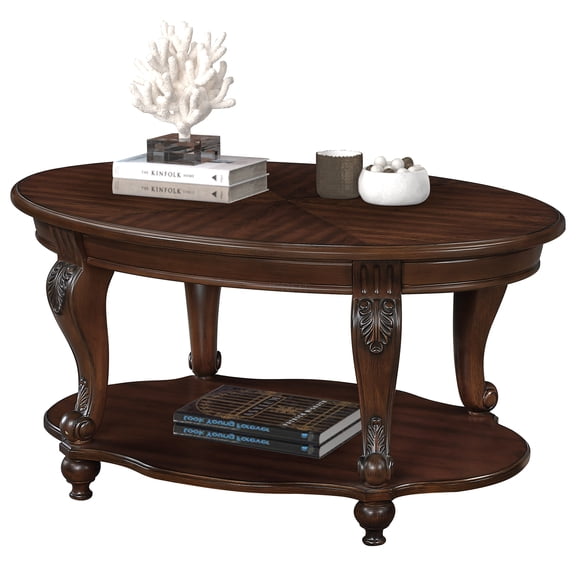 JERFIT 42 Inch Oval Coffee Table with Storage Shelf, Solid Wood Frame, Distressed Cherry Finish Cocktail Table for Living Room