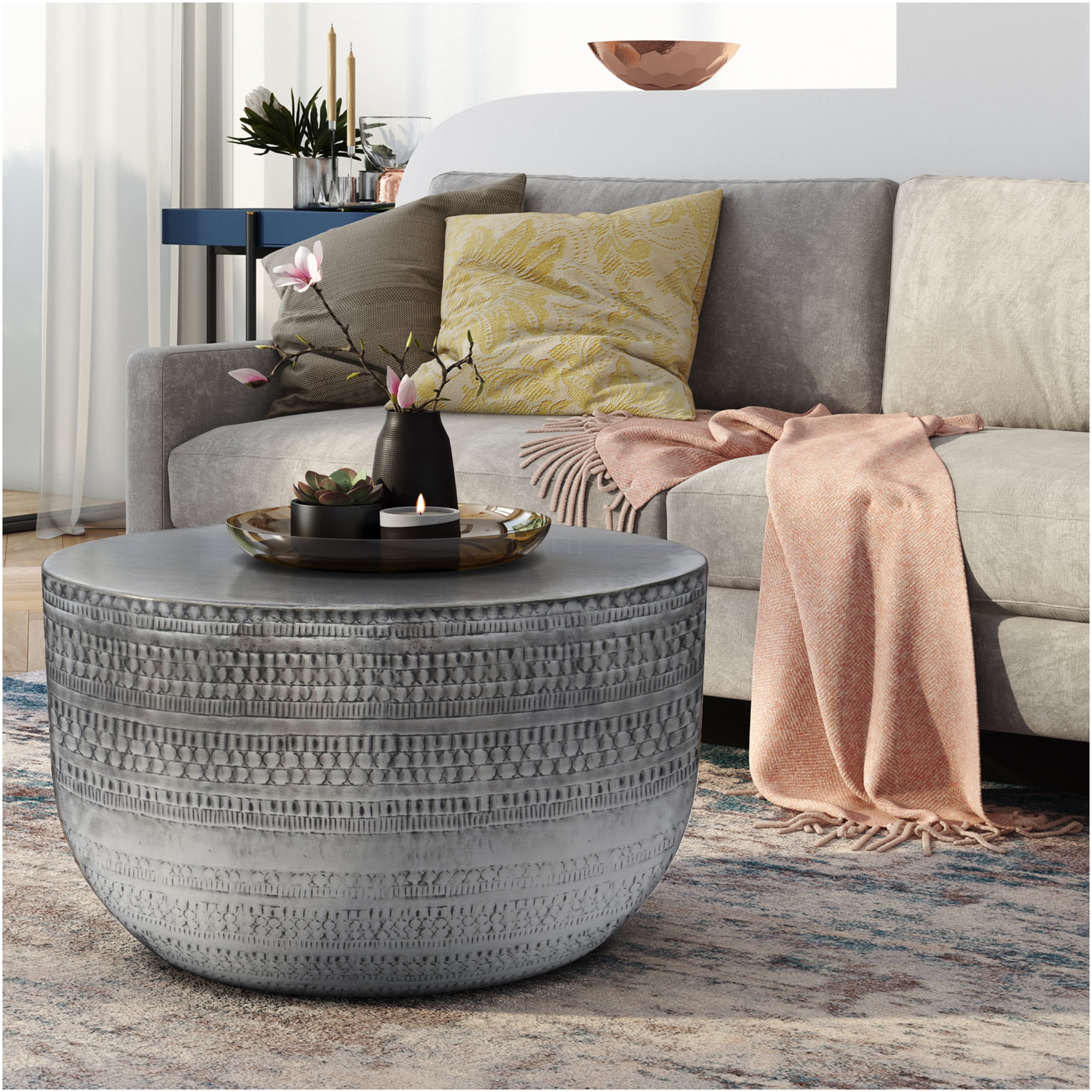 JERFIT 42 Inch Round Coffee Table, Industrial Metal Cocktail Table with ... - Textured Coffee Table With Industrial Metal Legs
