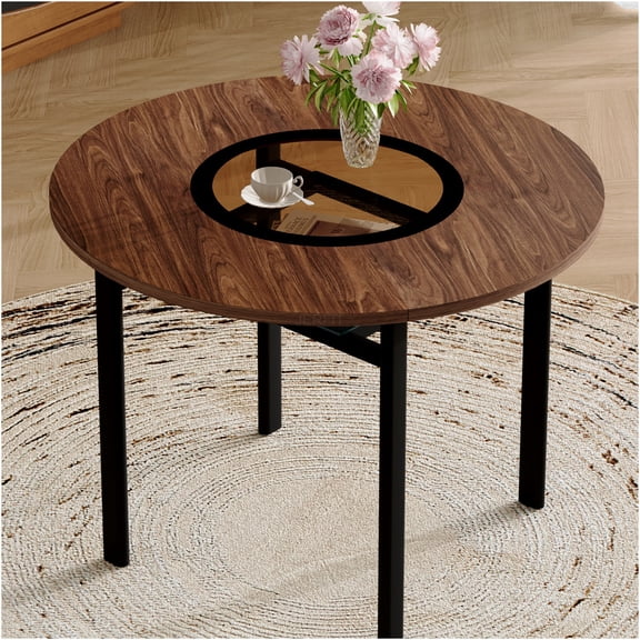 JERFIT 42 Inch Round Dining Table for 4-6, Modern Wood Grain Top with Center Glass Inlay and Metal Base, for Kitchen, Dining Room, Cafe