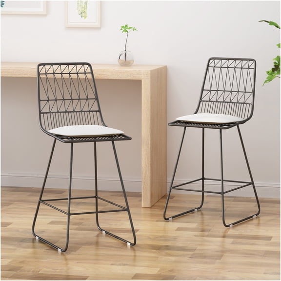 JERFIT 42 inch Modern Counter Stools Set of 2 with Cushions, Grey and Ivory Geometric Iron Bar Stools for Kitchen Island, Indoor Outdoor Use
