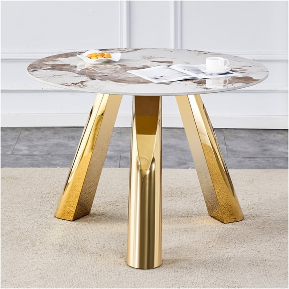JERFIT 42-inch Round Dining Table with Gold Metal Legs & White Sintered Stone Top for 4-6 Person Modern Kitchen