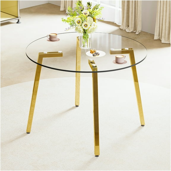 JERFIT 42 inch Round Glass Top Dining Table, Modern Kitchen Table with Gold Metal Base, Minimalist Design for Small Space, Living Room, Breakfast Nook
