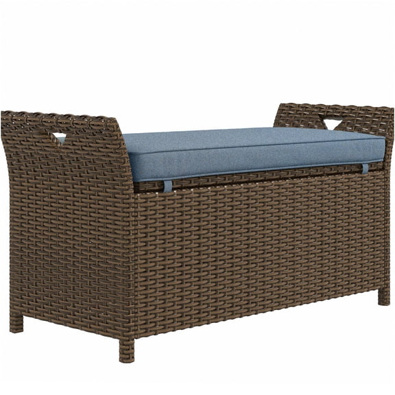 JERFIT 43.25" Outdoor Storage Bench with Cushion, 2-in-1 PE Wicker Patio Seat & 27 Gallon Waterproof Deck Box, All-Weather Steel Frame, Blue