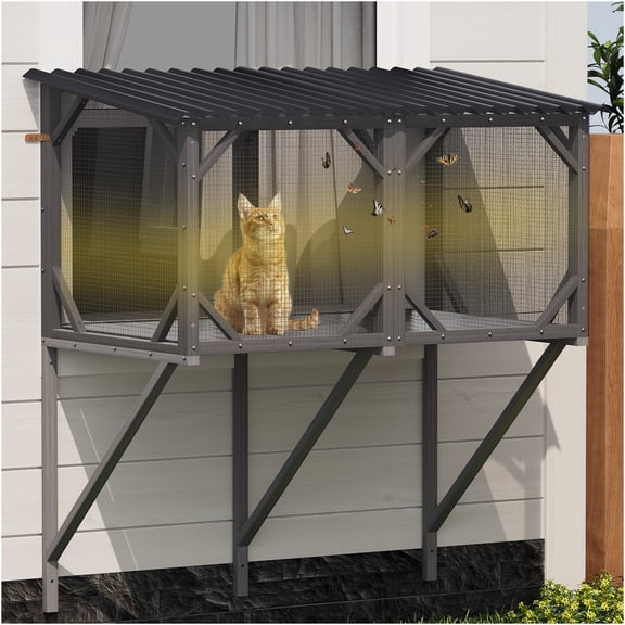 JERFIT 43.3" Antique Gray Outdoor Cat Window Enclosure with Bug Net, Weatherproof Catio Perch for Large Cats, Multi-Level Sunbathing & Play Cage