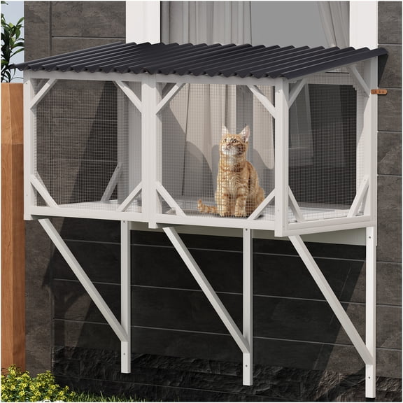 JERFIT 43.3 Inch Cat Window Enclosure Box, All-Weather Outdoor Catio with Waterproof Roof for Large Cats, Easy Mount Window Perch for Sunbathing, Napping & Bird Watching