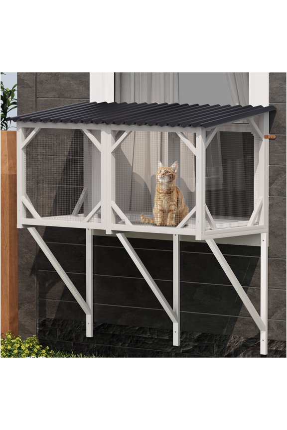 43.3 Inch Cat Window Enclosure Box, All-Weather Outdoor Catio with Waterproof Roof for Large Cats, Easy Mount Window Perch for Sunbathing, Napping & Bird Watching