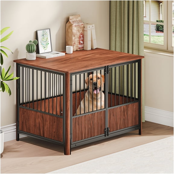 JERFIT 43 Inch Walnut Fluted Dog Crate Furniture, Double Door Pet Kennel with Side Table Top for Large Dogs, Indoor End Table for Living Room