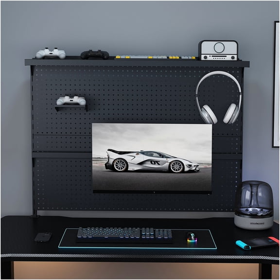 JERFIT 43x35 Inch Clamp-On Desk Pegboard with Monitor Arm, Heavy Duty Steel Gaming Desk Organizer with Hooks, No Drill Installation, Black