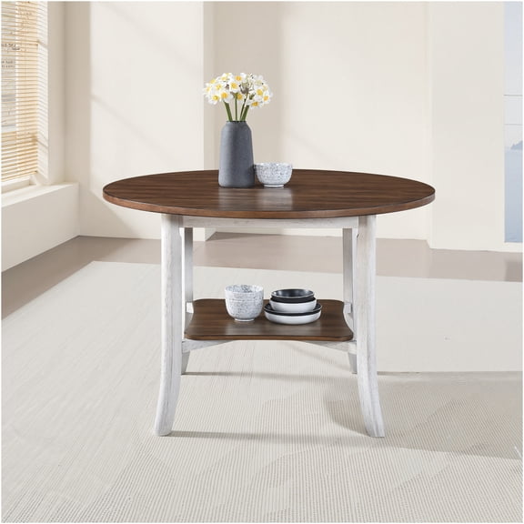 JERFIT 45.7 inch Round Farmhouse Dining Table with Storage Shelf, Antique White or Dark Oak Finish, for Kitchen and Dining Room