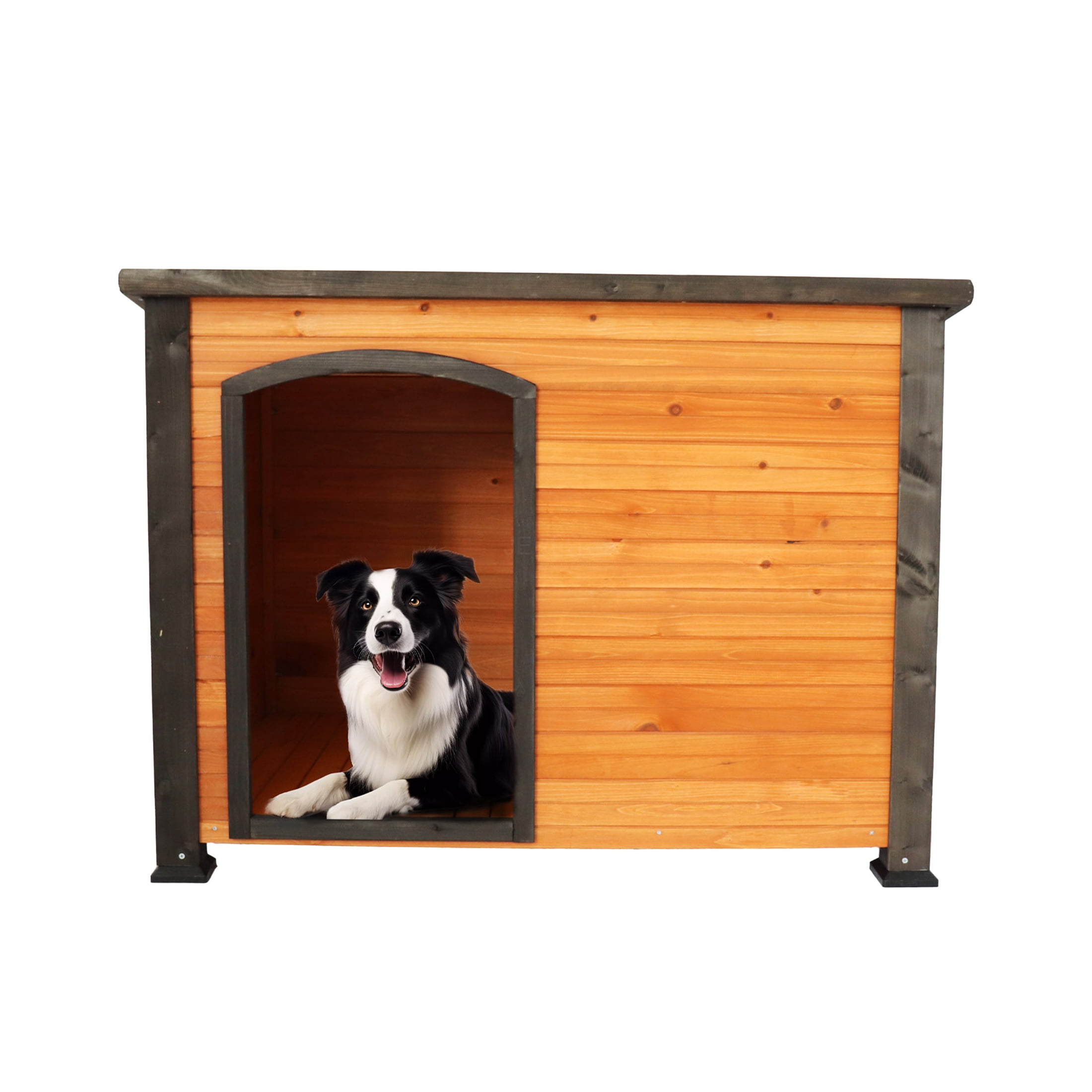 JERFIT 45 Inch Large Dog House Outdoor Indoor, All Weather Wooden Kennel with Elevated Base, Waterproof Roof & Winter Straps, Golden Black