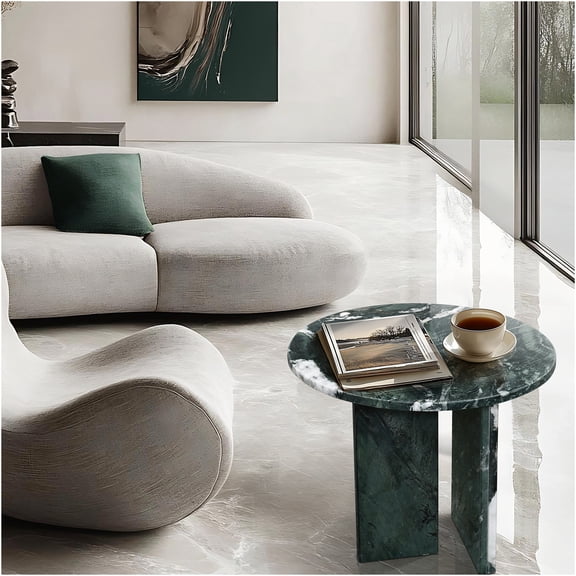 JERFIT 45cm Green Marble Coffee Table with Metal Base, Small Round End Table for Living Room, Natural Stone Accent Table, Luxury Home Decor