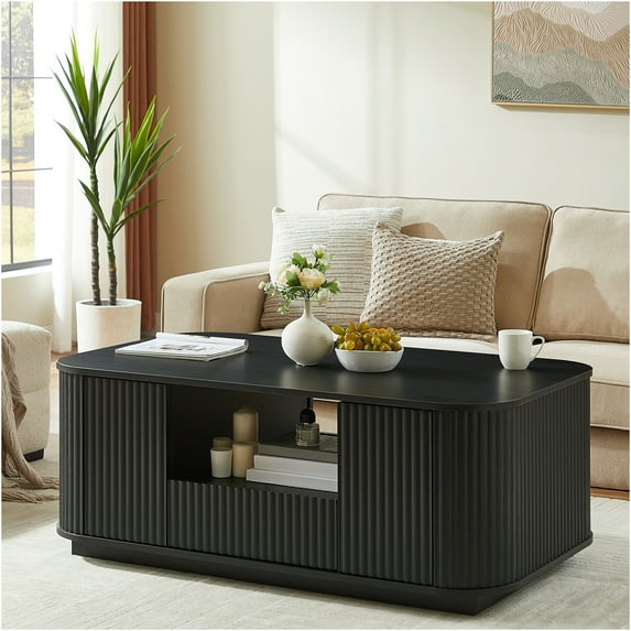 JERFIT 46.5 Inch Modern Oval Coffee Table with Storage Drawers & Hidden Compartments, Curved Design Center Table for Living Room & Office, Black