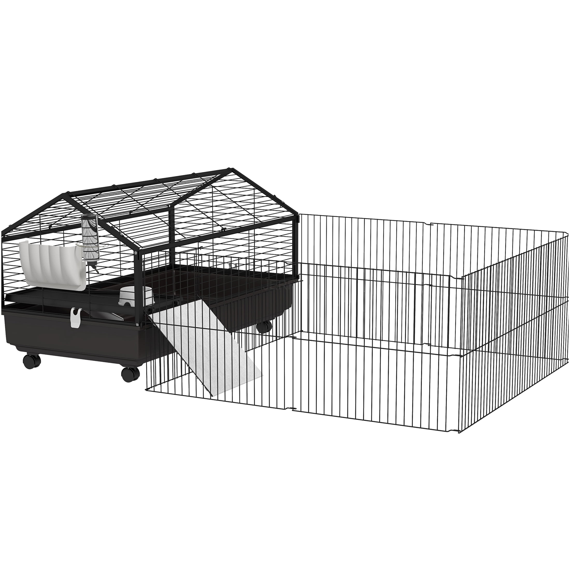 JERFIT 46.5" Small Animal Cage with Playpen, Foldable & Rolling Guinea Pig Hutch with Water Bottle, Food Bowl, Ramps for Rabbits, Hedgehogs