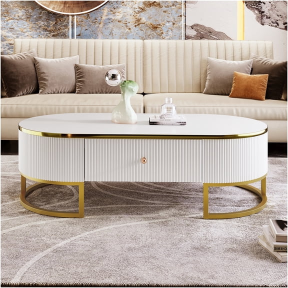 JERFIT 47.2 Inch Modern Oval Coffee Table with 2 Drawers, High-Gloss White Top with Gold Metal Base, Sofa Table for Living Room with Storage, Glam Center Table with Curved Design