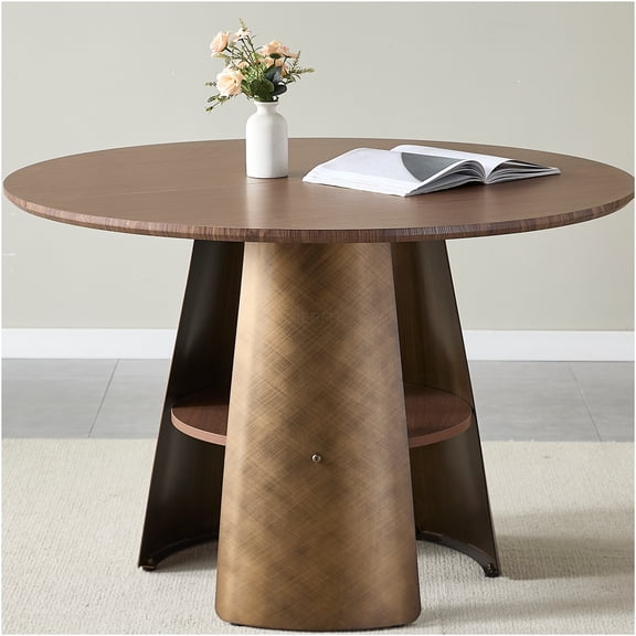 JERFIT 47.25 Inch Round Dining Table for 4-6, Retro Industrial Style with Hidden Storage Shelf, Walnut Brown Top & Brushed Metal Base