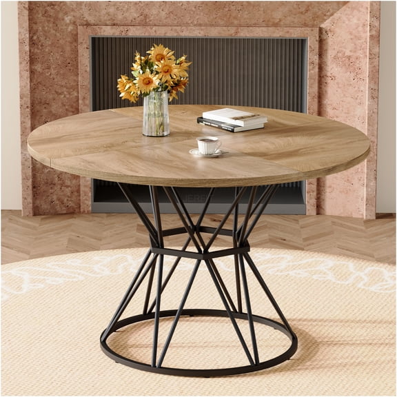 JERFIT 47.3 Inch Round Dining Table for 4-6, Modern Industrial Wood Top with Black Metal Base, Kitchen & Breakfast Nook Table